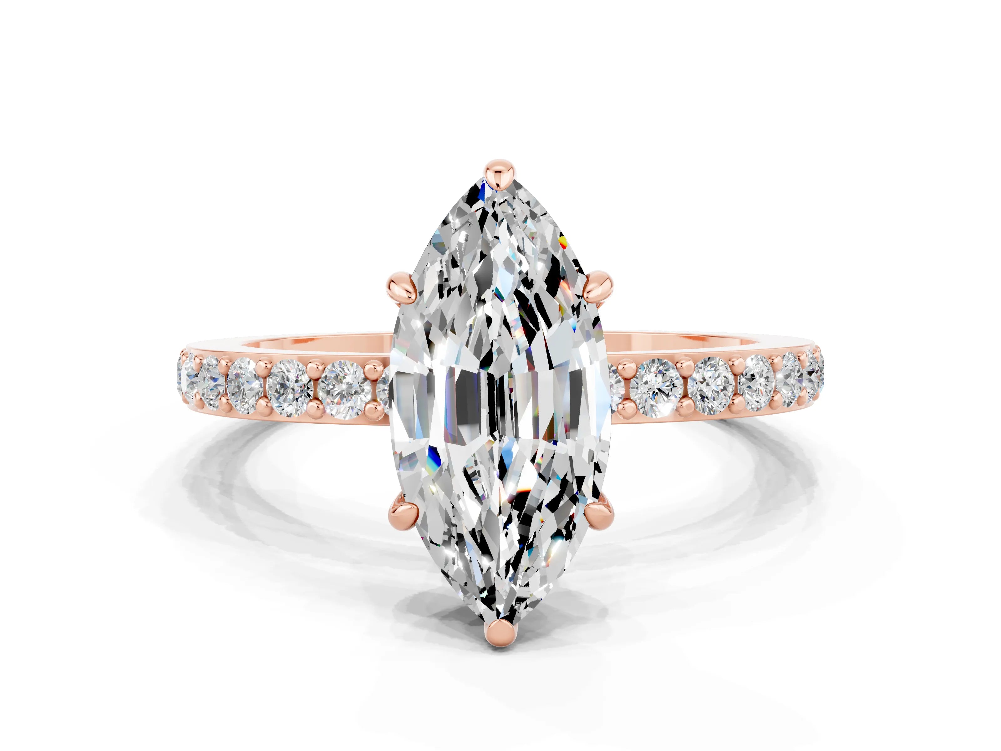 Rose gold Marquise Cut Moissanite Solitaire Engagement Ring with Pavé Band and Four-Prong Setting