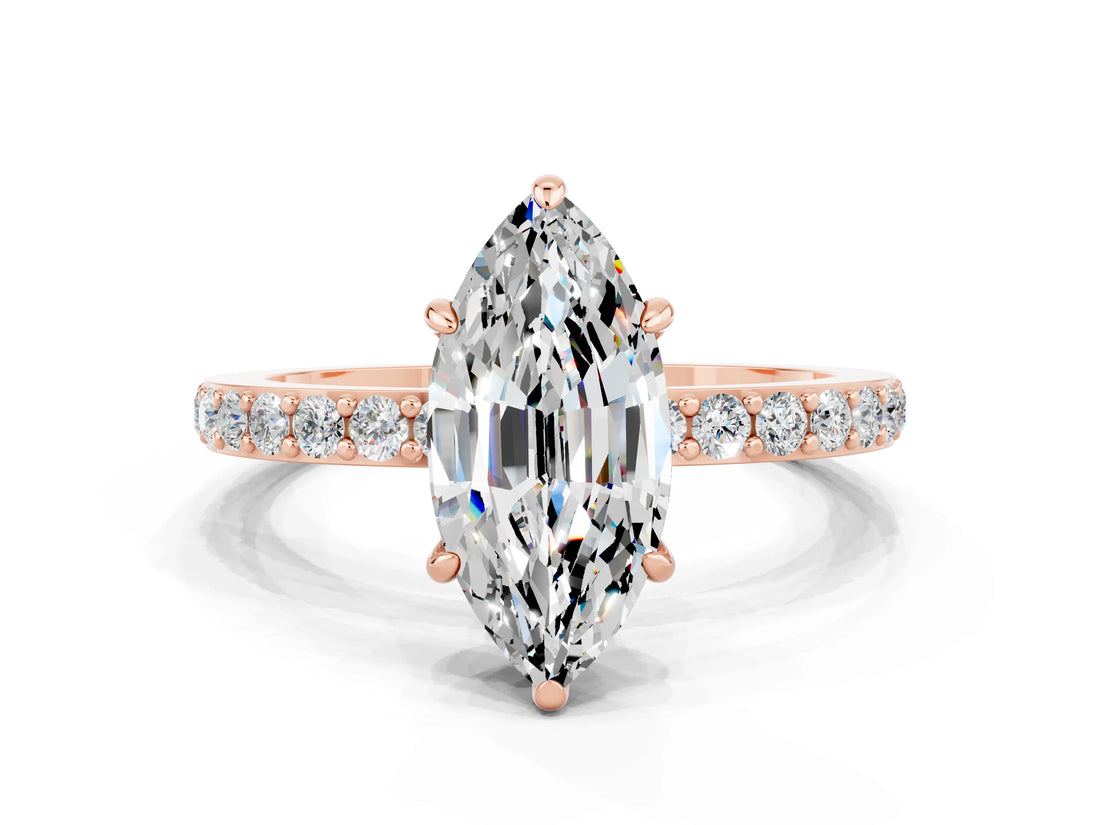 Rose gold Marquise Cut Moissanite Solitaire Engagement Ring with Pavé Band and Four-Prong Setting