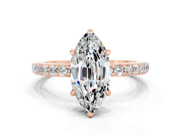 Rose gold Marquise Cut Moissanite Solitaire Engagement Ring with Pavé Band and Four-Prong Setting