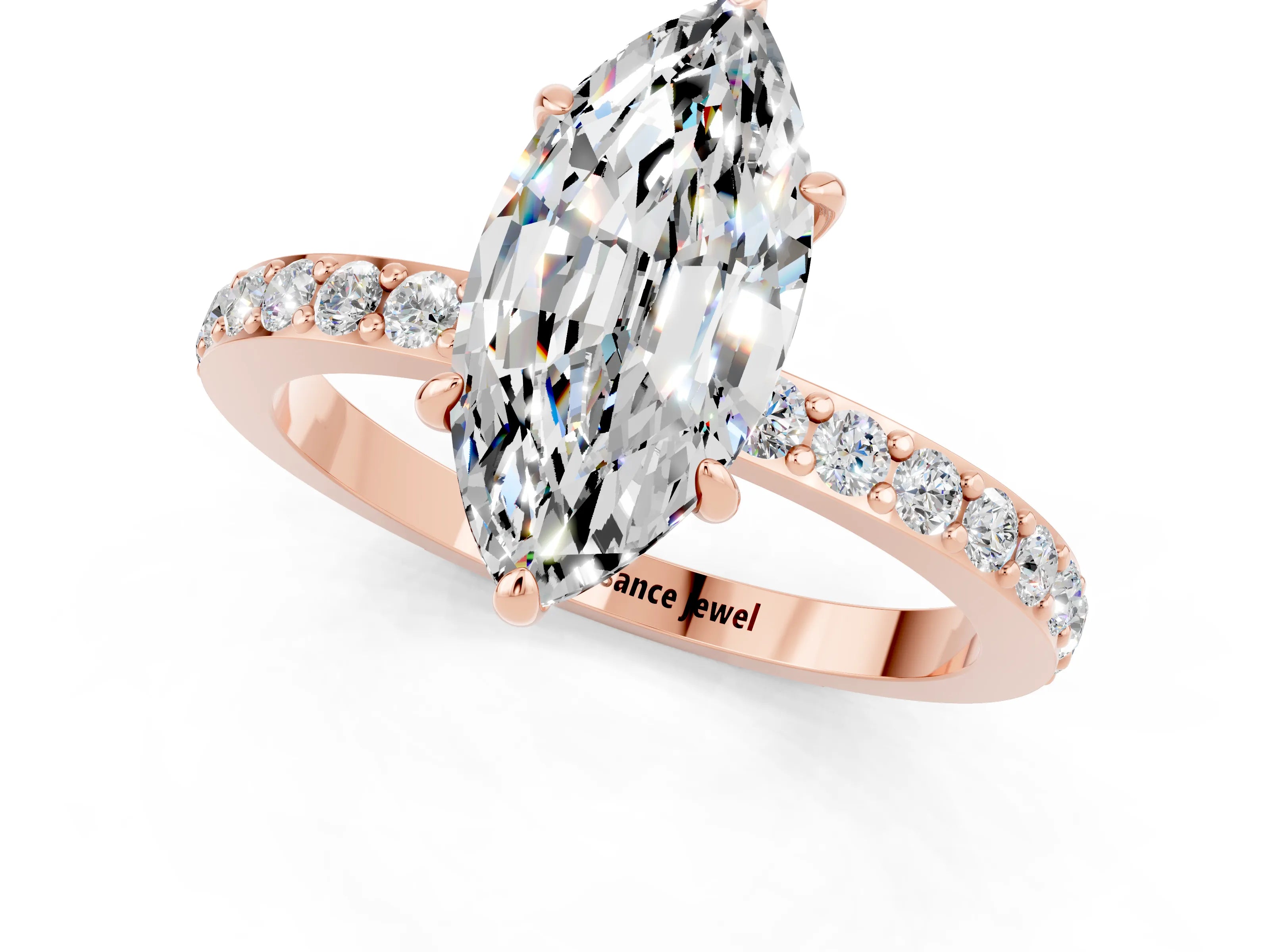 Rose gold Marquise Cut Moissanite Solitaire Engagement Ring with Pavé Band and Four-Prong Setting_1