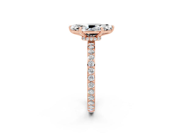 Rose gold Marquise Cut Moissanite Solitaire Engagement Ring with Pavé Band and Four-Prong Setting