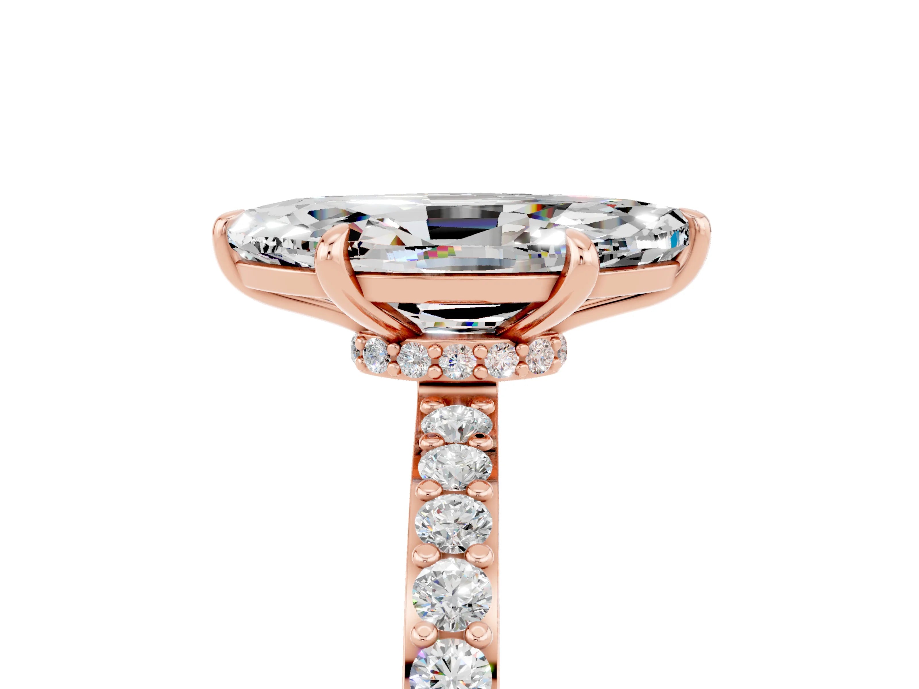 Rose gold Marquise Cut Moissanite Solitaire Engagement Ring with Pavé Band and Four-Prong Setting_5