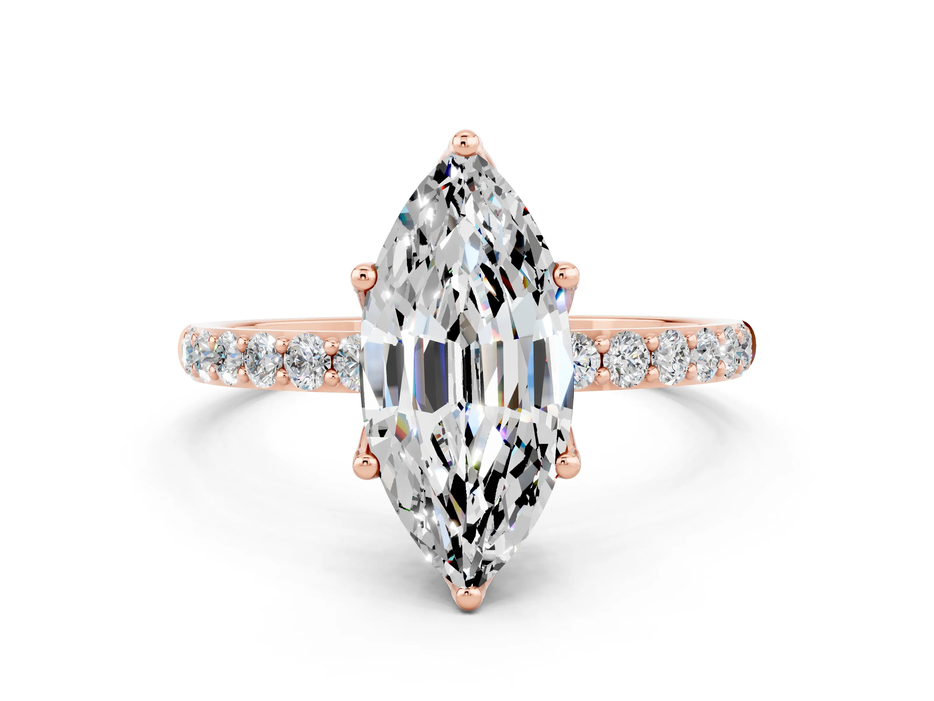 Rose gold Marquise Cut Moissanite Solitaire Engagement Ring with Pavé Band and Prong Setting