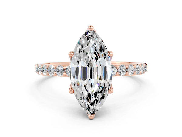 Rose gold Marquise Cut Moissanite Solitaire Engagement Ring with Round  Pavé Band and Prong Setting