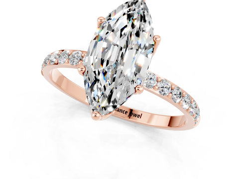 Rose gold Marquise Cut Moissanite Solitaire Engagement Ring with Pavé Band and Prong Setting_1