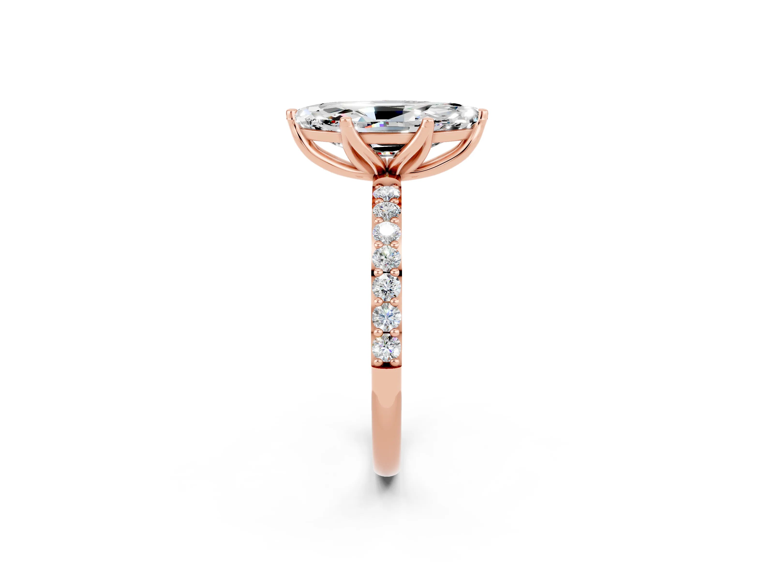 Rose gold Marquise Cut Moissanite Solitaire Engagement Ring with Pavé Band and Prong Setting_2