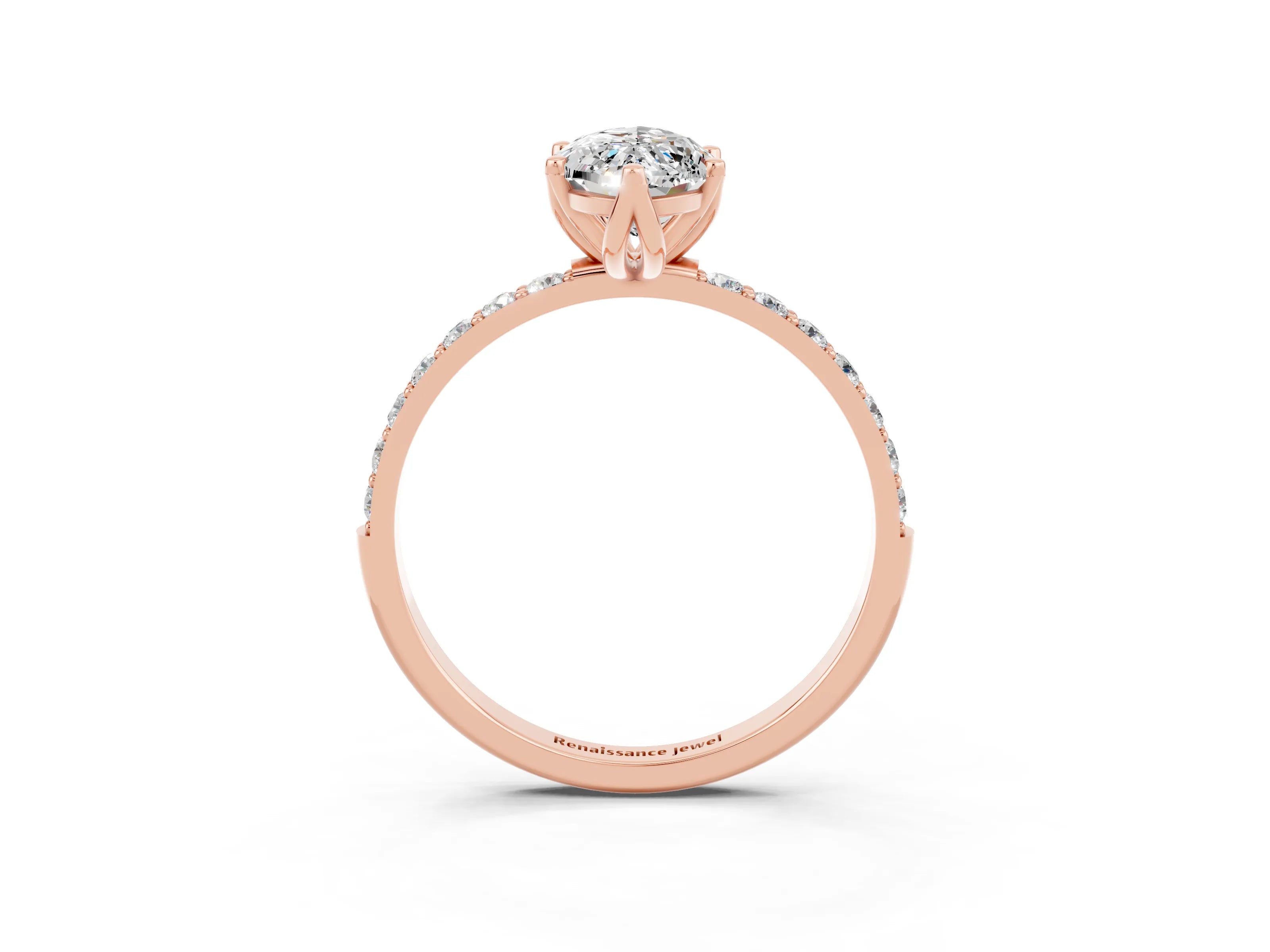 Rose gold Marquise Cut Moissanite Solitaire Engagement Ring with Pavé Band and Prong Setting_3