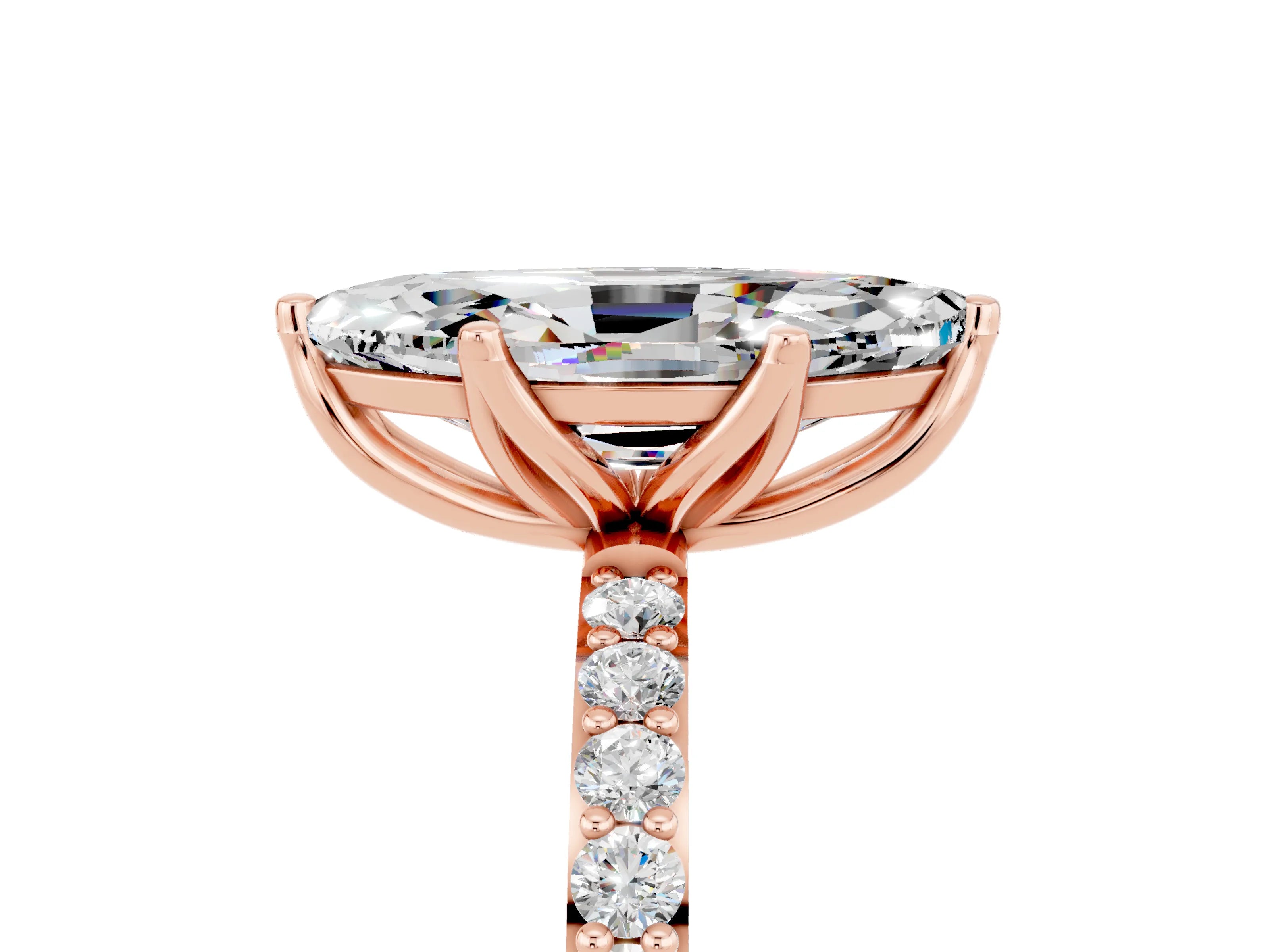 Rose gold Marquise Cut Moissanite Solitaire Engagement Ring with Pavé Band and Prong Setting_5