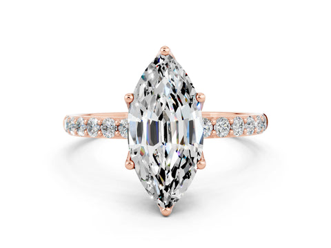 Rose gold Marquise Cut Moissanite Solitaire Engagement Ring with Pavé Band and Prong Setting