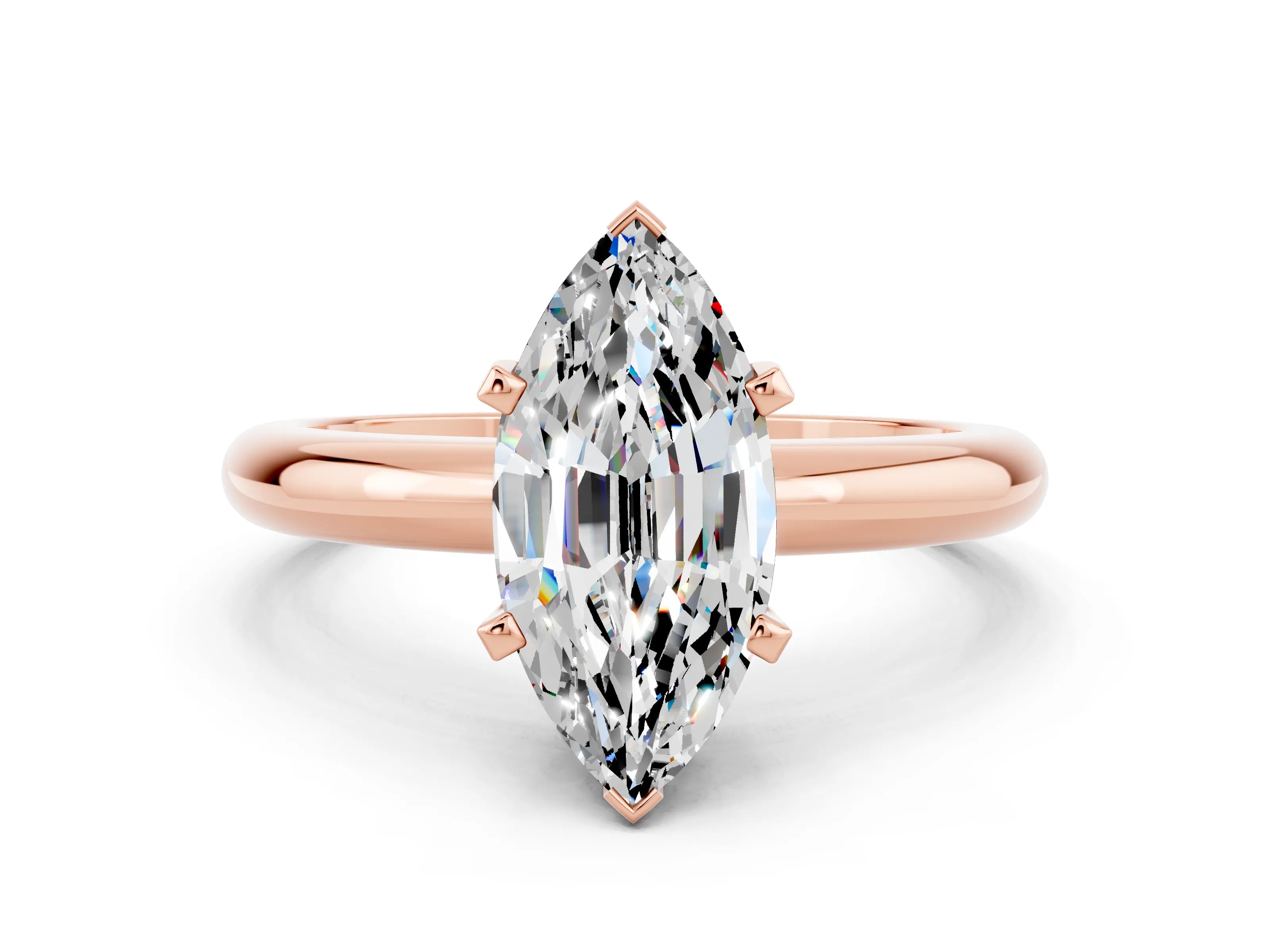 Rose gold Marquise Cut Moissanite Solitaire Engagement Ring with Round Band and Four-Prong Setting
