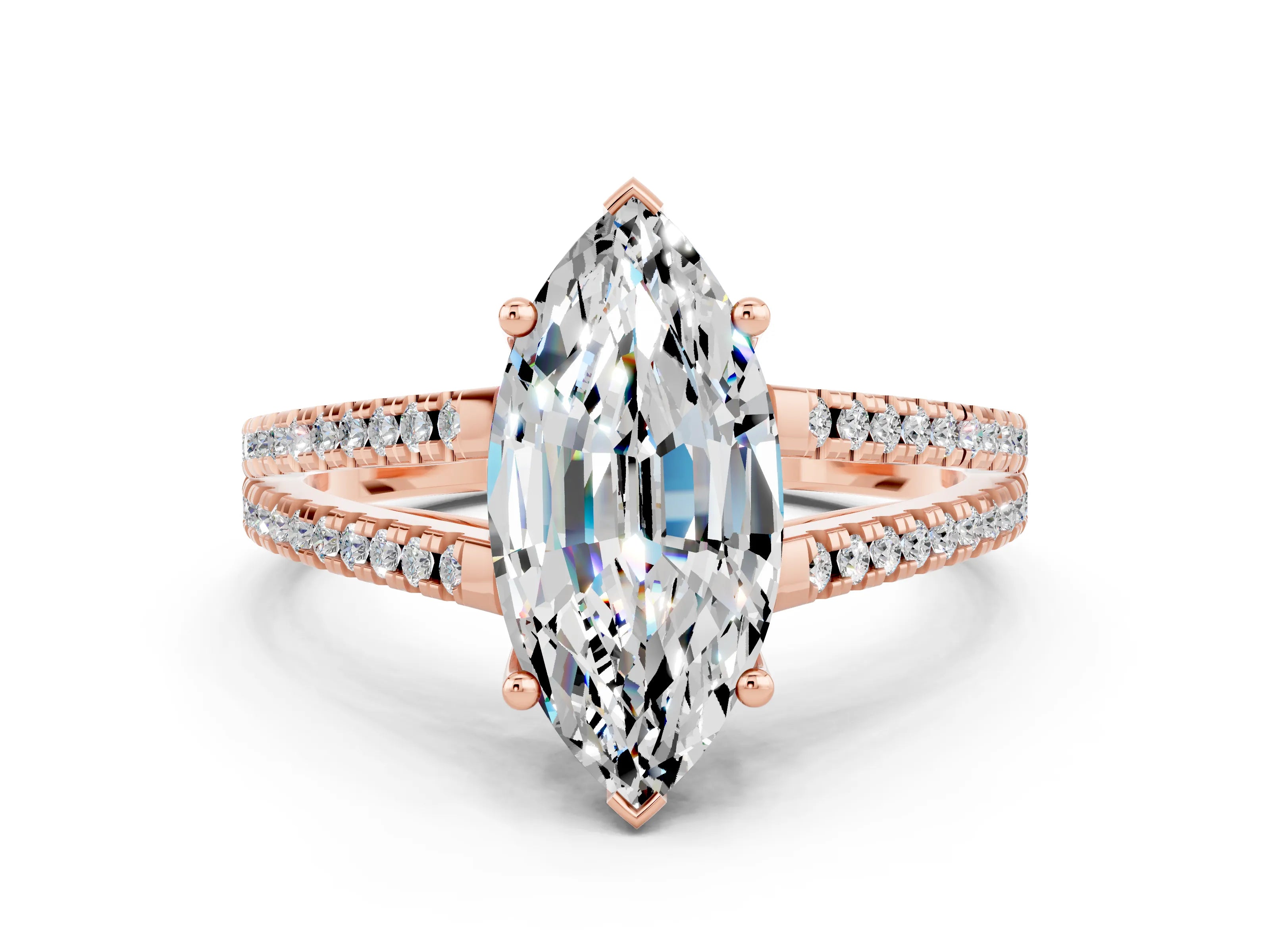 Rose gold Marquise Cut Moissanite Solitaire Engagement Ring with Split Shank Pavé Band
