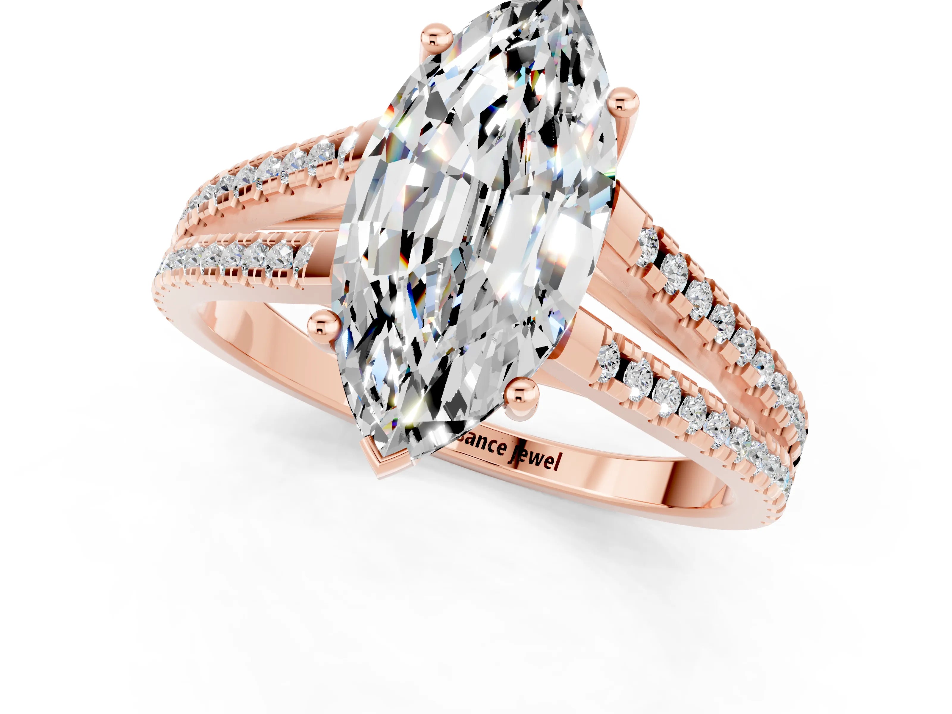 Rose gold Marquise Cut Moissanite Solitaire Engagement Ring with Split Shank Pavé Band_1