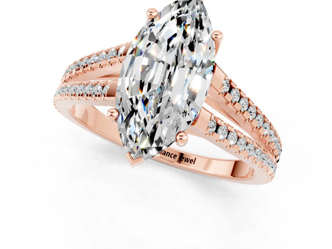 Rose gold Marquise Cut Moissanite Solitaire Engagement Ring with Split Shank Pavé Band_1