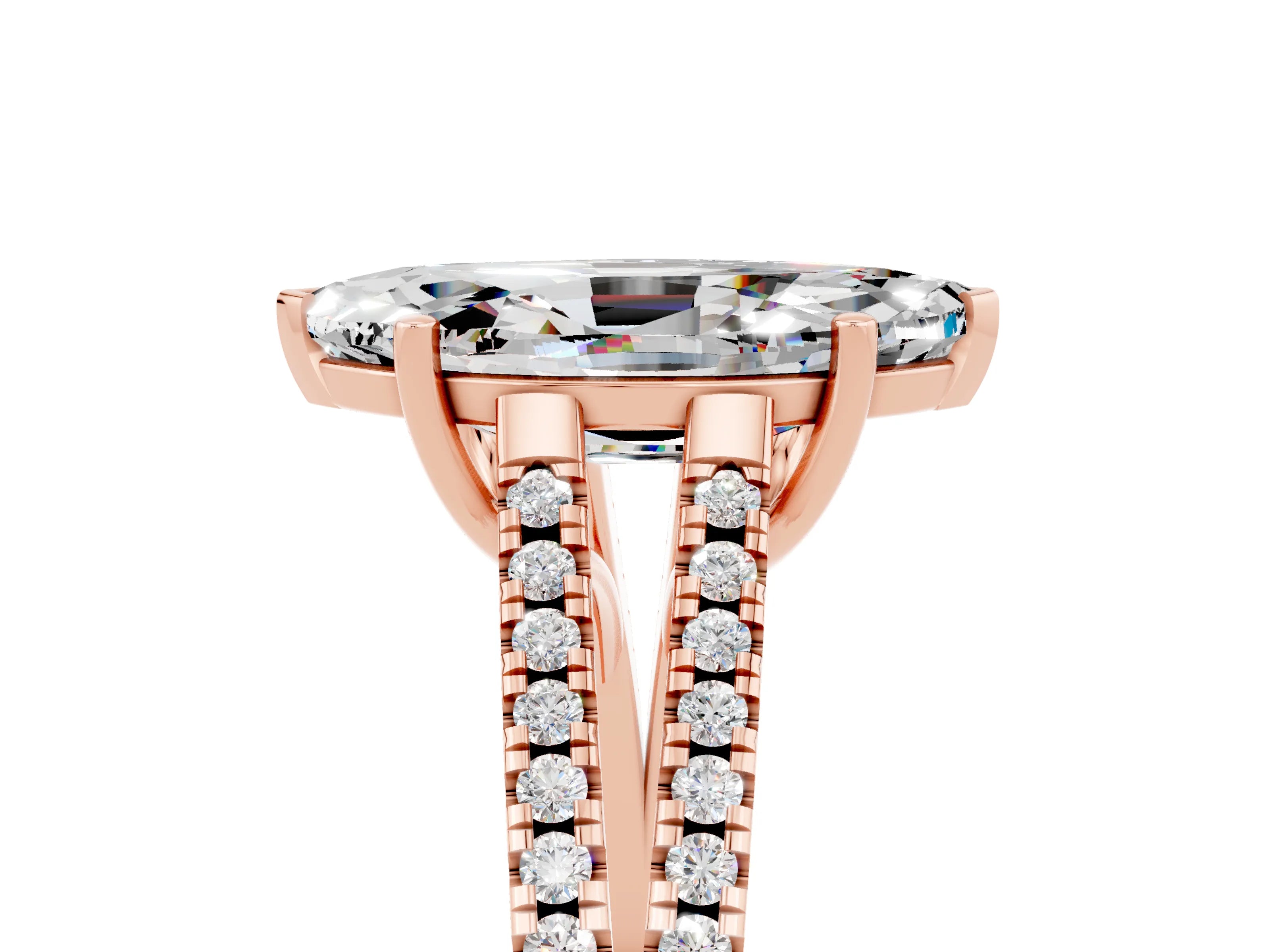 Rose gold Marquise Cut Moissanite Solitaire Engagement Ring with Split Shank Pavé Band_5