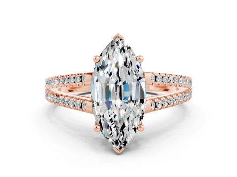 Rose gold Marquise Cut Moissanite Solitaire Engagement Ring with Split Shank Pavé Band