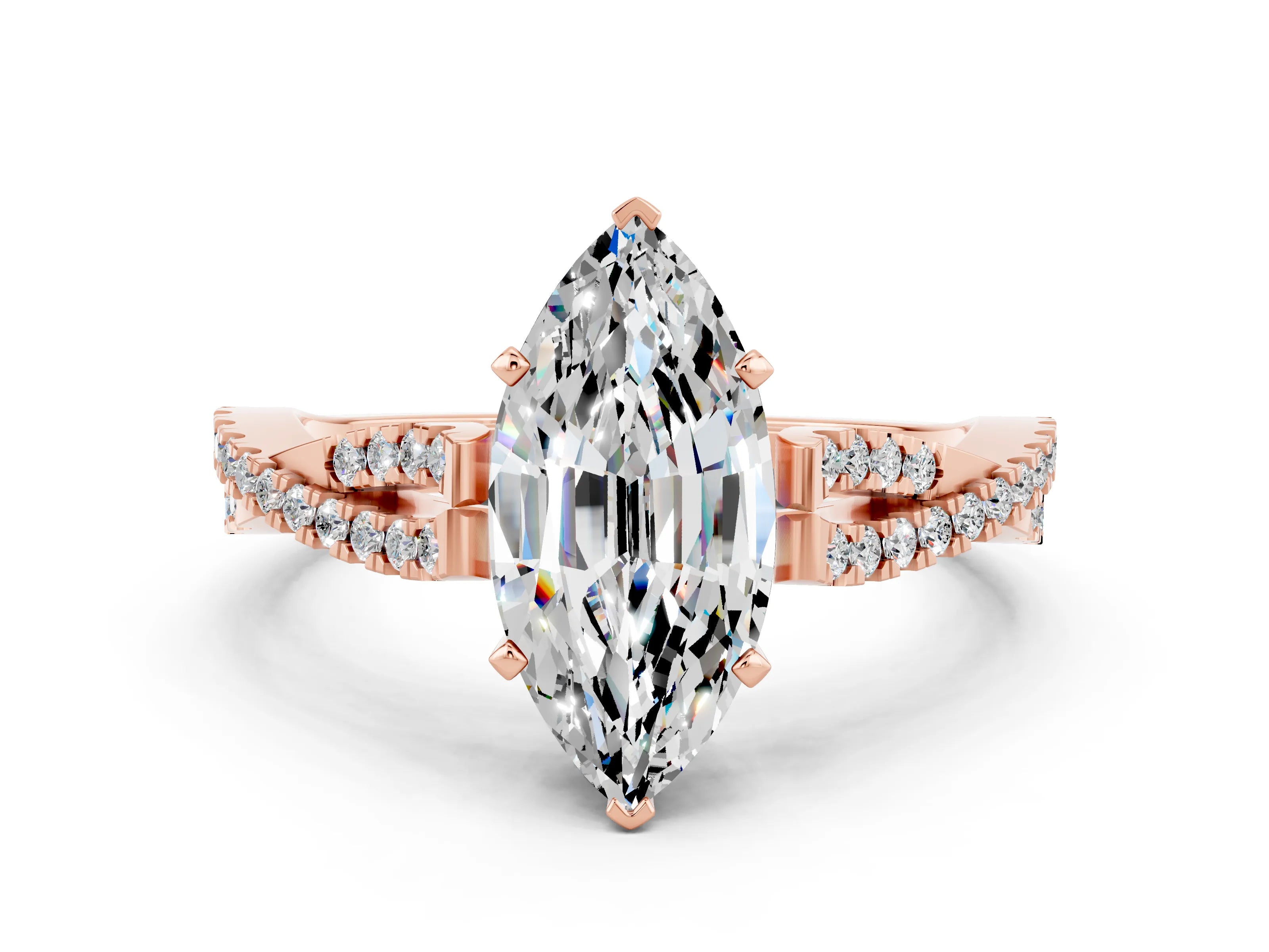Rose gold Marquise Cut Moissanite Solitaire Engagement Ring with Twisted Pavé Band and Four-Prong Setting