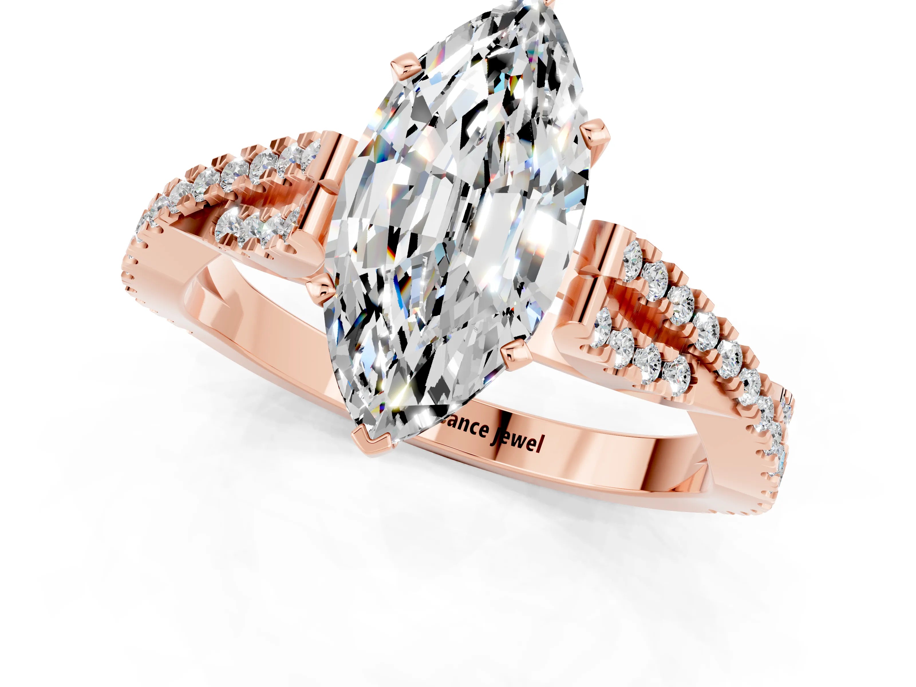 Rose gold Marquise Cut Moissanite Solitaire Engagement Ring with Twisted Pavé Band and Four-Prong Setting_1