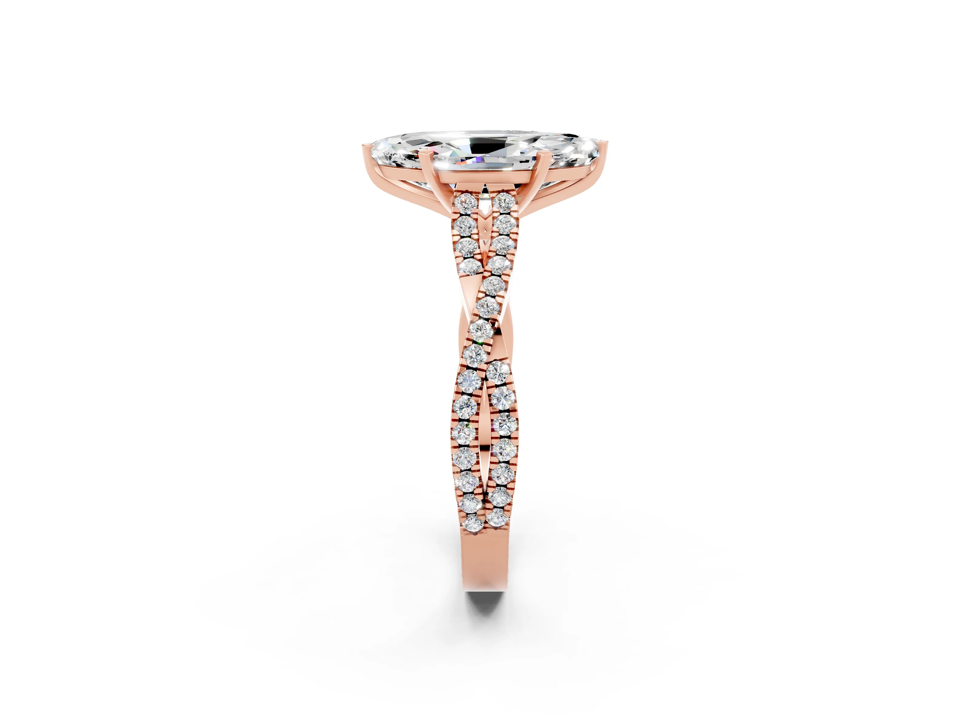 Rose gold Marquise Cut Moissanite Solitaire Engagement Ring with Twisted Pavé Band and Four-Prong Setting_2
