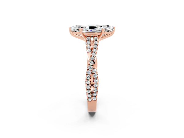Rose gold Marquise Cut Moissanite Solitaire Engagement Ring with Twisted Pavé Band and Four-Prong Setting