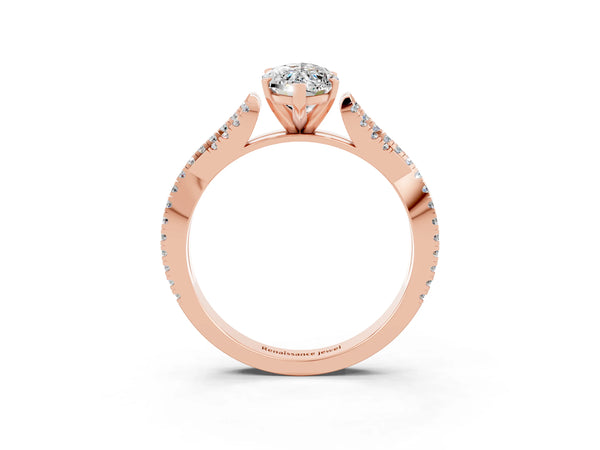 Rose gold Marquise Cut Moissanite Solitaire Engagement Ring with Twisted Pavé Band and Four-Prong Setting