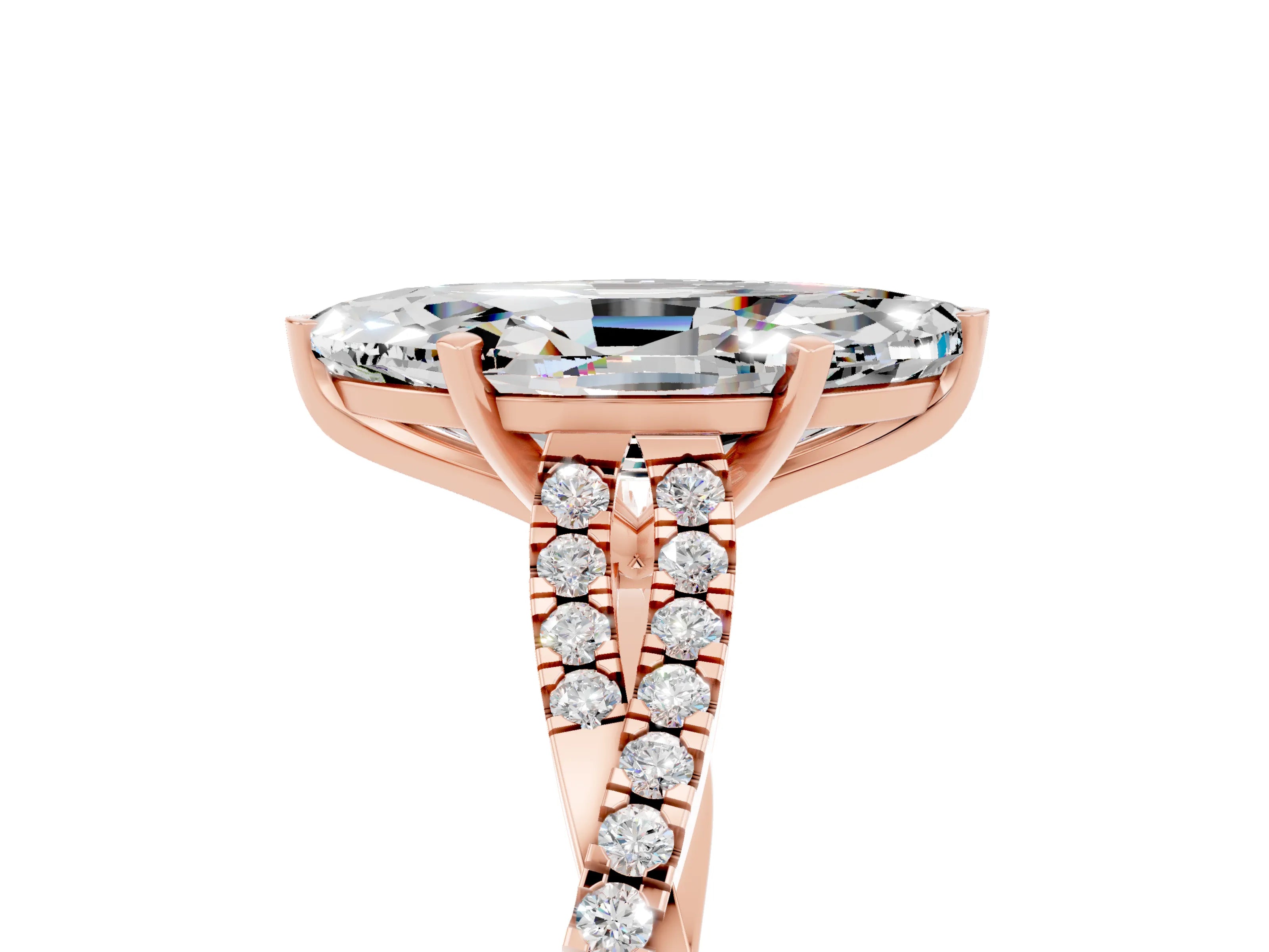 Rose gold Marquise Cut Moissanite Solitaire Engagement Ring with Twisted Pavé Band and Four-Prong Setting_5