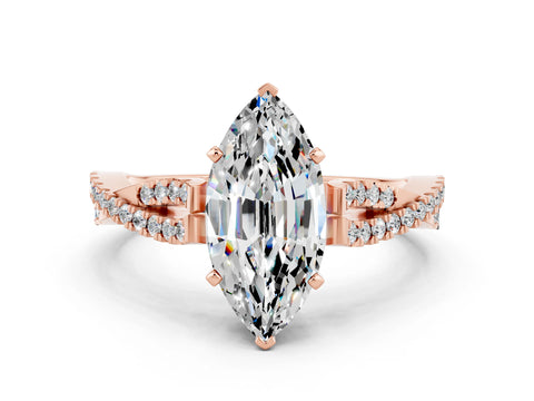 Rose gold Marquise Cut Moissanite Solitaire Engagement Ring with Twisted Pavé Band and Four-Prong Setting
