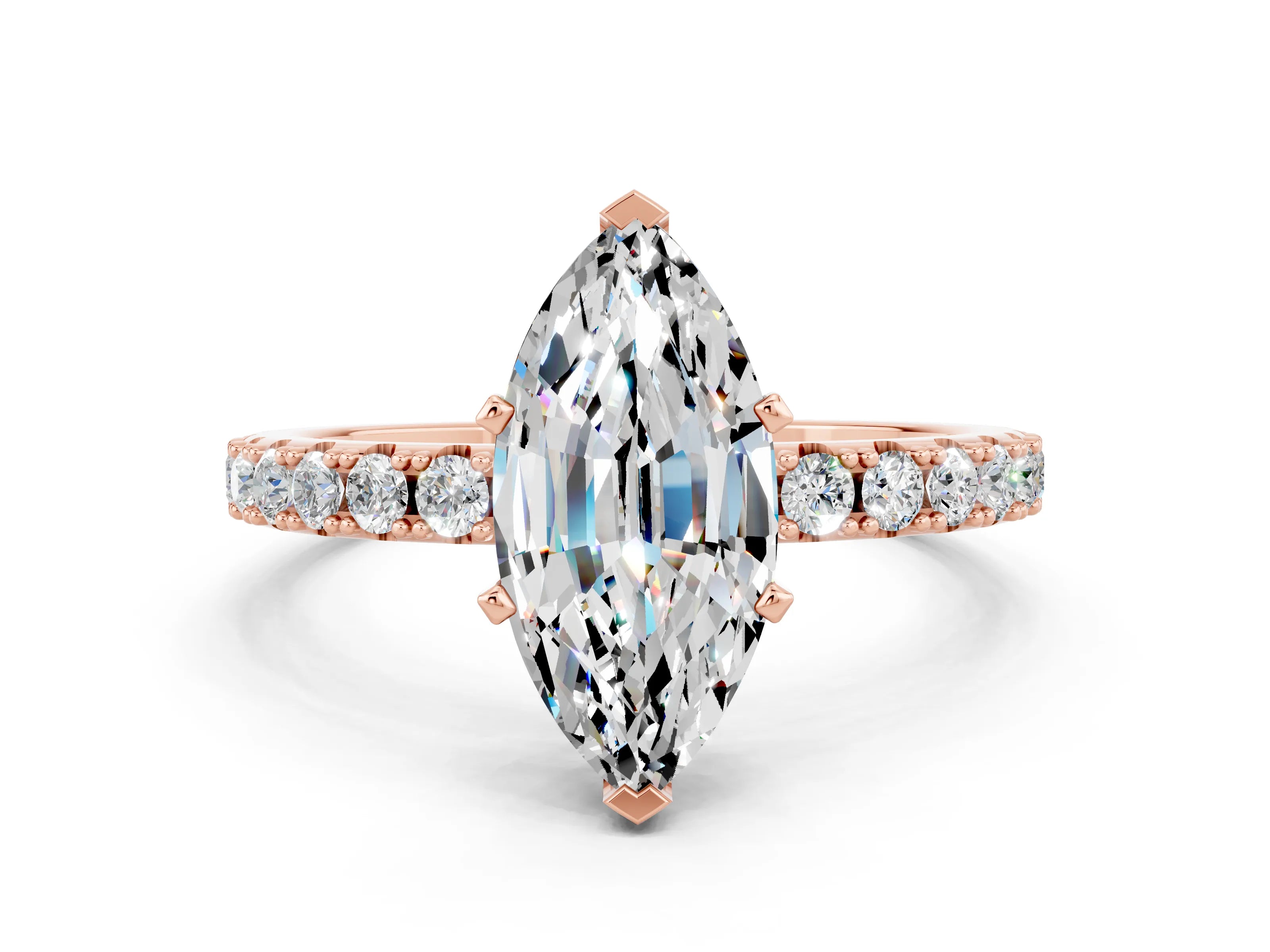 Rose gold Marquise Cut Moissanite Solitaire Pavé Band with Four-Prong Setting