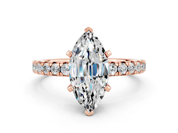 Rose gold Marquise Cut Moissanite Solitaire Pavé Engagement Ring with Round Band and Prong Setting