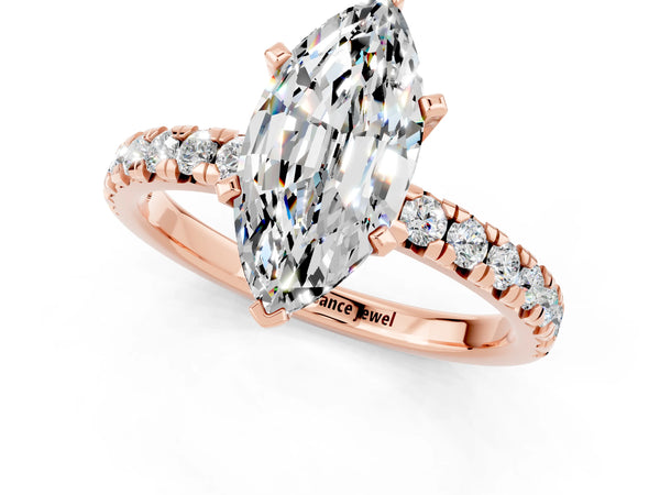 Rose gold Marquise Cut Moissanite Solitaire Pavé Engagement Ring with Round Band and Prong Setting