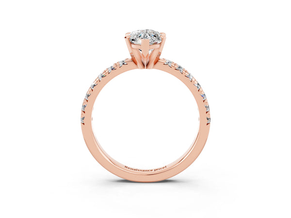 Rose gold Marquise Cut Moissanite Solitaire Pavé Engagement Ring with Round Band and Prong Setting