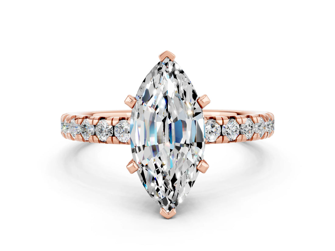 Rose gold Marquise Cut Moissanite Solitaire Pavé Engagement Ring with Round Band and Prong Setting_66