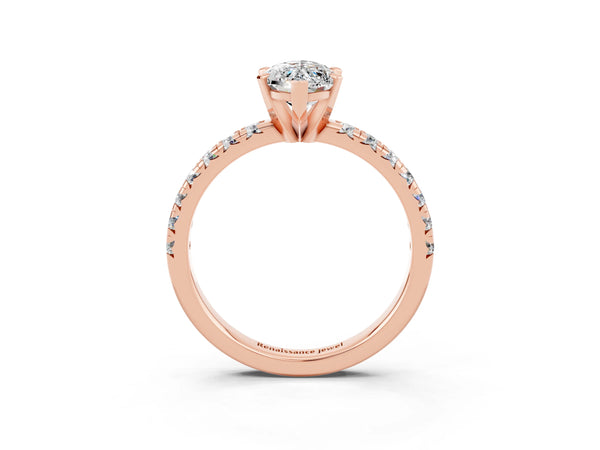 Rose gold Marquise Cut Moissanite Solitaire Pavé Engagement Ring with Round Band and Prong Setting