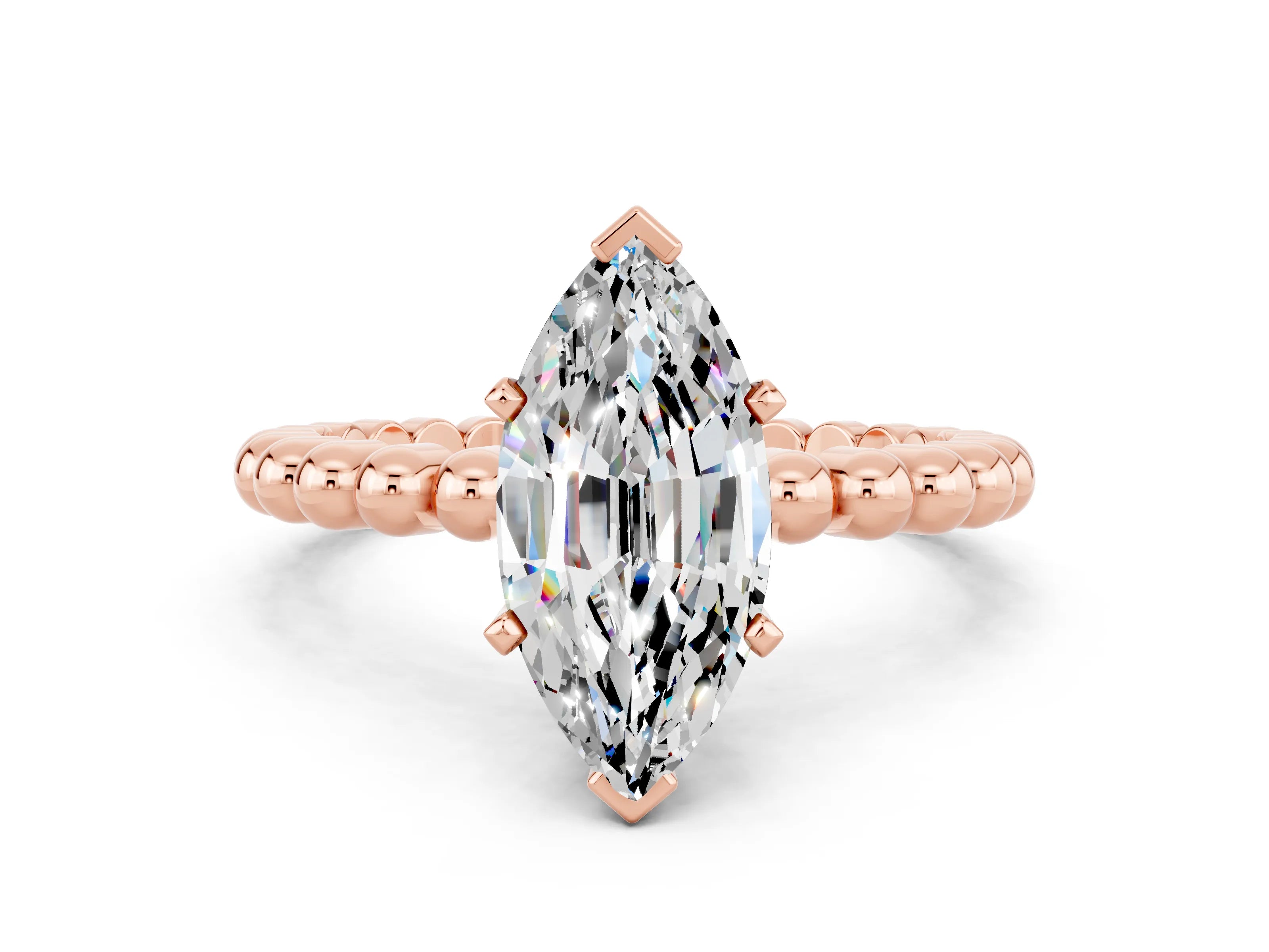 Rose gold Marquise Cut Moissanite Solitaire Ring with Beaded Band and Prong Setting