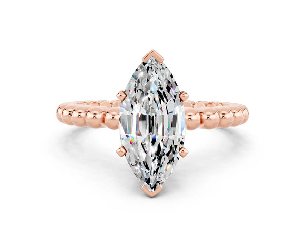 Rose gold Marquise Cut Moissanite Solitaire Ring with Beaded Band and Prong Setting