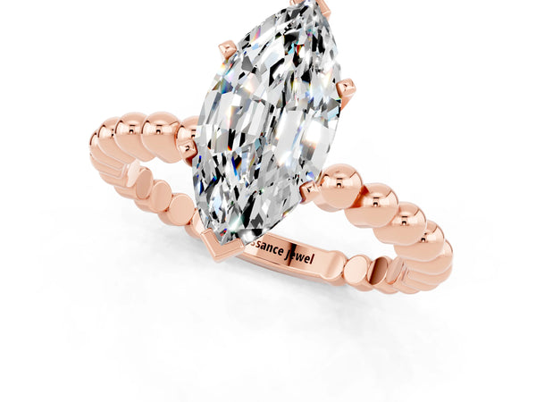 Rose gold Marquise Cut Moissanite Solitaire Ring with Beaded Band and Prong Setting