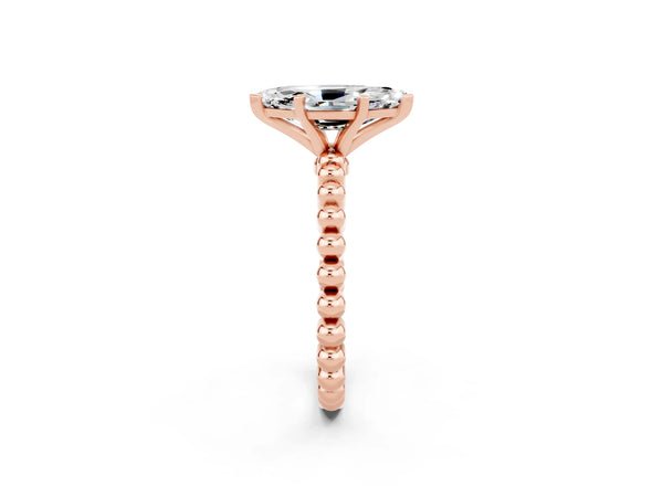Rose gold Marquise Cut Moissanite Solitaire Ring with Beaded Band and Prong Setting