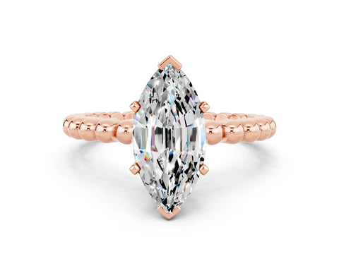 Rose gold Marquise Cut Moissanite Solitaire Ring with Beaded Band and Prong Setting