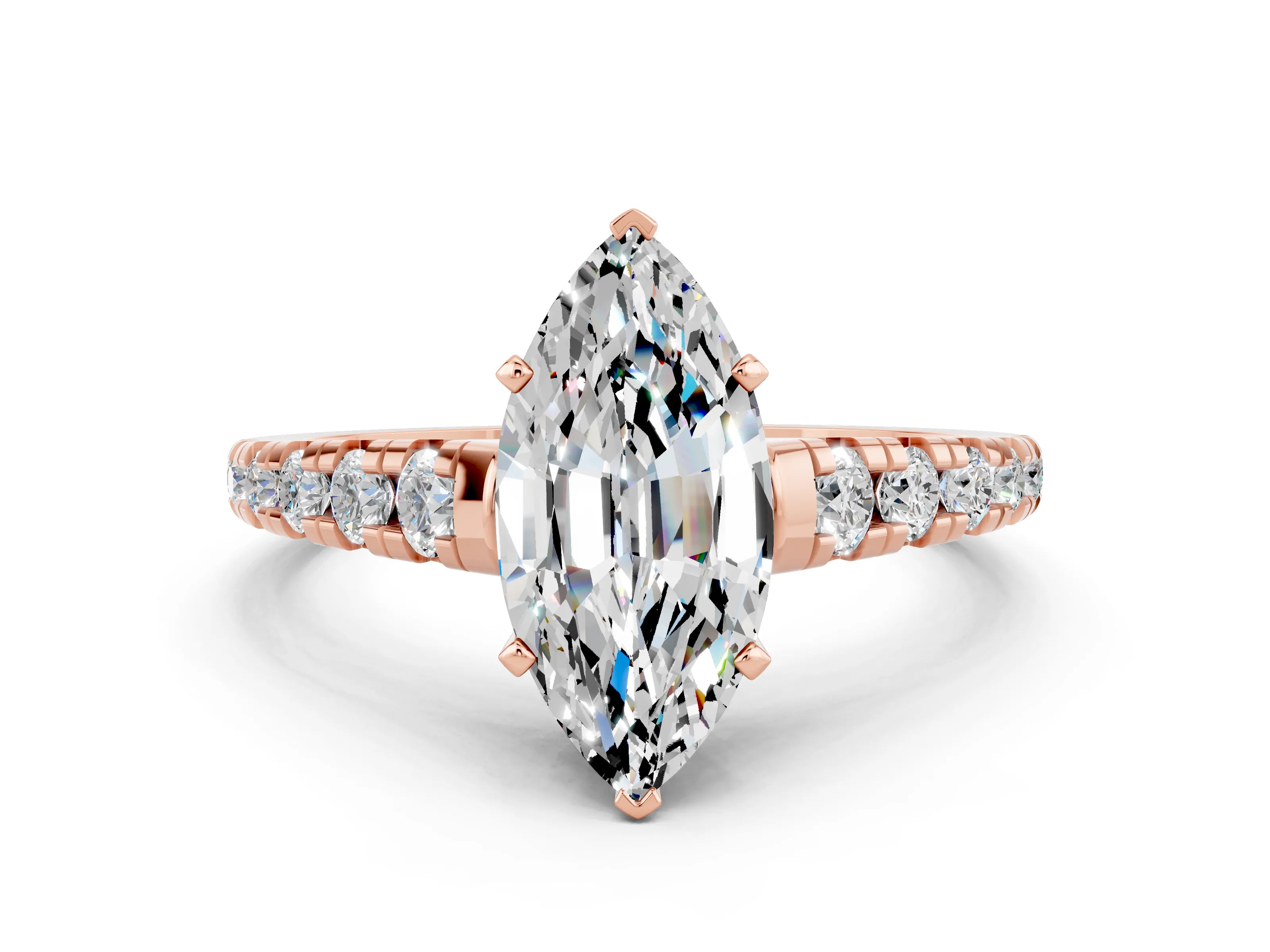 Rose gold Marquise Cut Moissanite Solitaire Ring with Cathedral Setting and Pavé Band