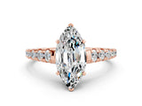Rose gold Marquise Cut Moissanite Solitaire Ring with Cathedral Setting and Pavé Band