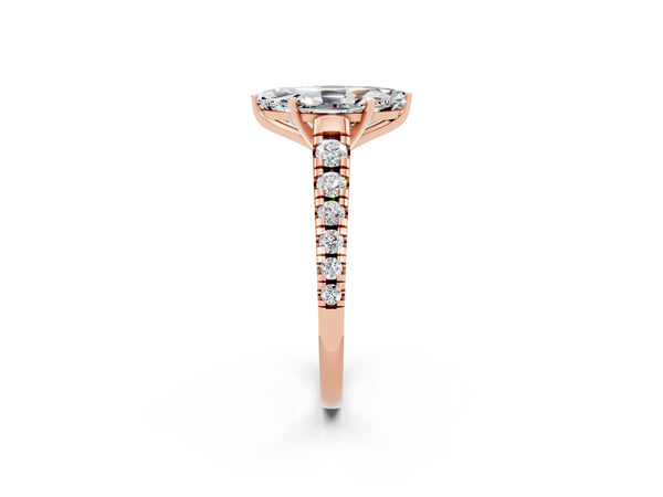 Rose gold Marquise Cut Moissanite Cathedral Solitaire Ring with Round  Pavé Band