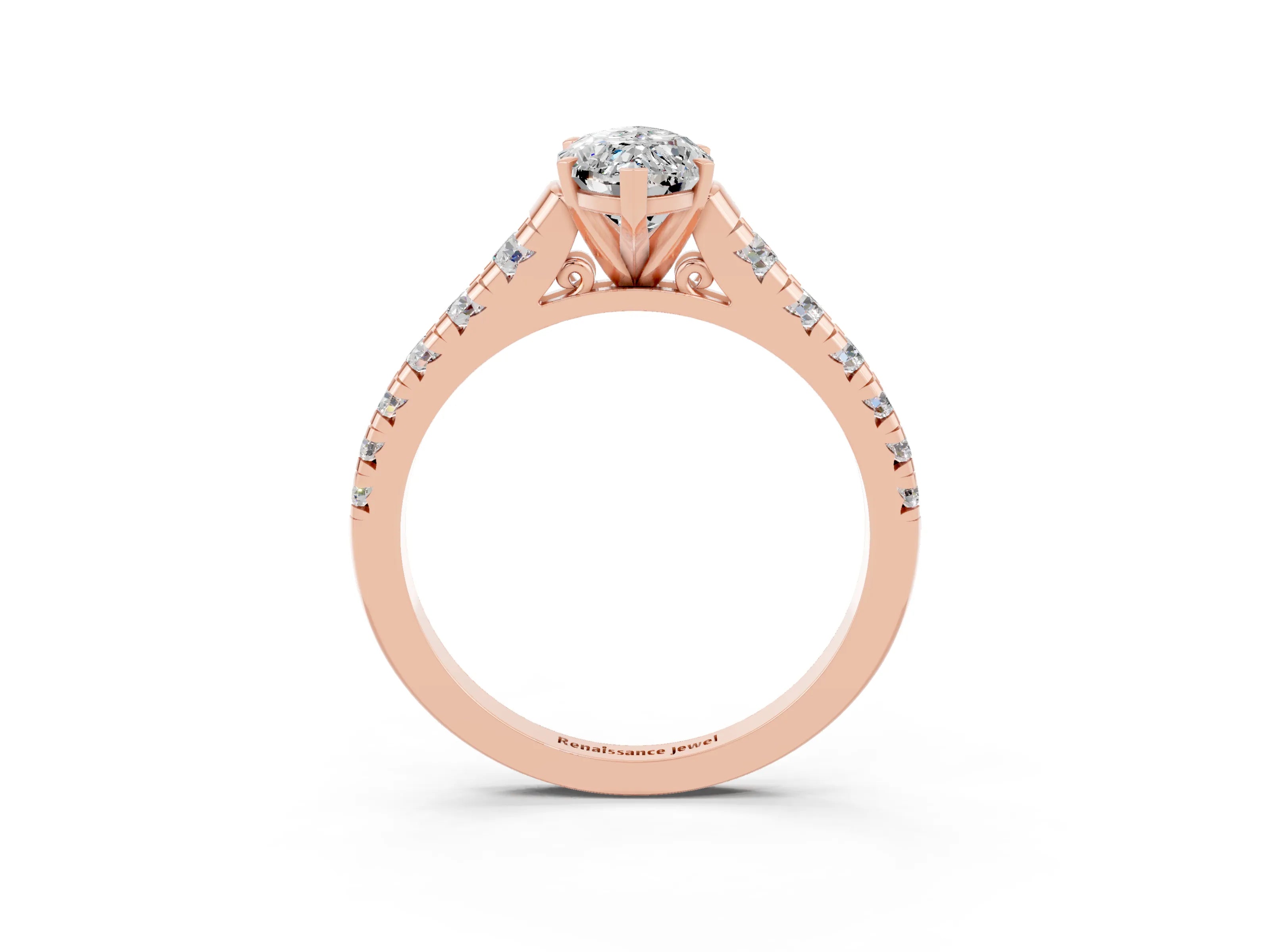 Rose gold Marquise Cut Moissanite Solitaire Ring with Cathedral Setting and Pavé Band_3