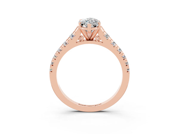 Rose gold Marquise Cut Moissanite Cathedral Solitaire Ring with Round  Pavé Band