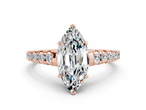 Rose gold Marquise Cut Moissanite Solitaire Ring with Cathedral Setting and Pavé Band
