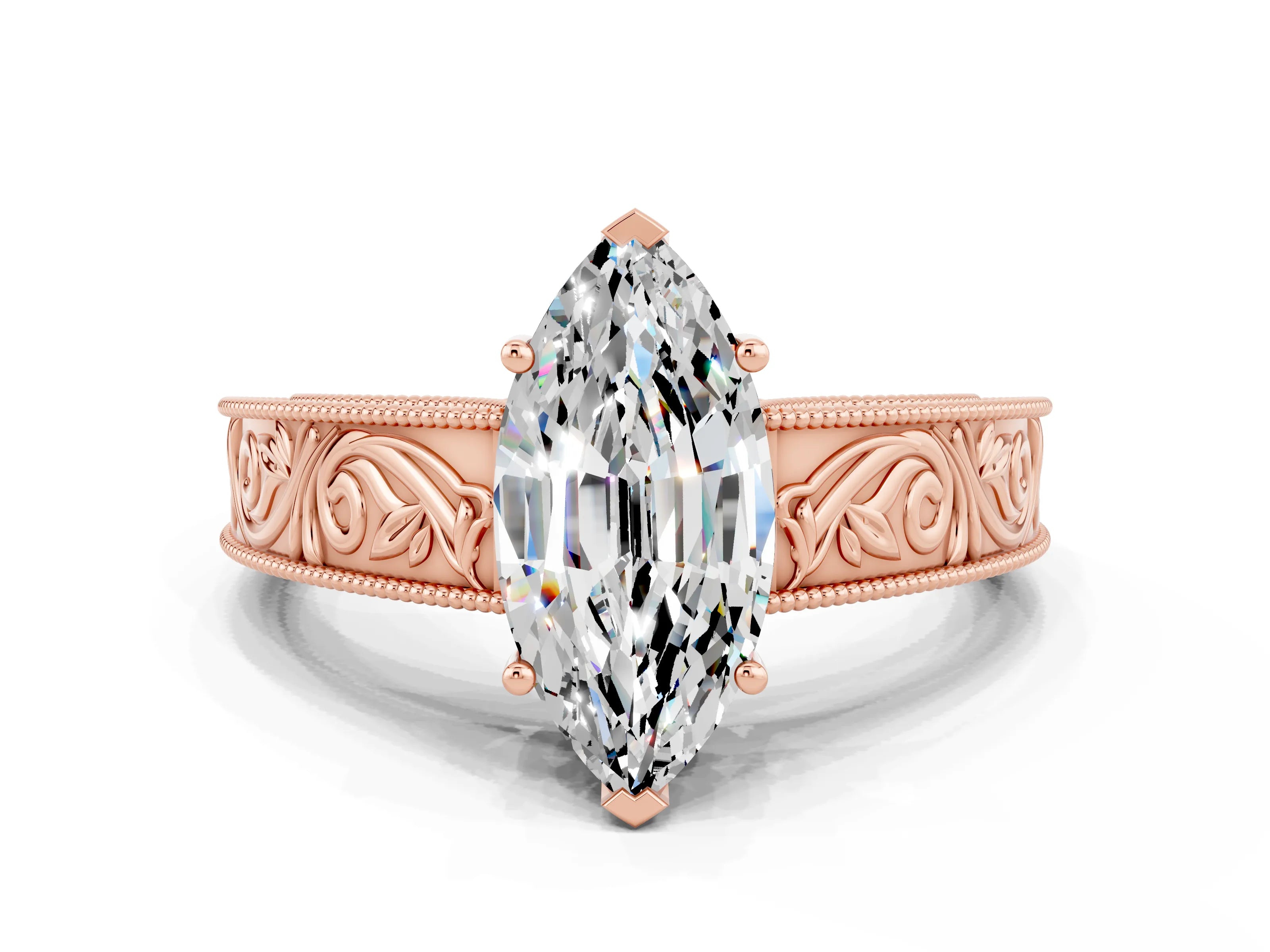 Rose gold Marquise Cut Moissanite Solitaire Ring with Engraved Band and Four-Prong Setting
