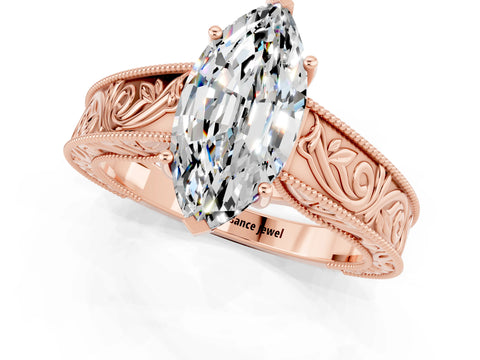 Rose gold Marquise Cut Moissanite Solitaire Ring with Engraved Band and Four-Prong Setting_1
