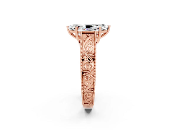 Rose gold Marquise Cut Moissanite Solitaire Ring with Engraved Band and Four-Prong Setting