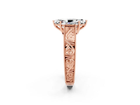 Rose gold Marquise Cut Moissanite Solitaire Ring with Engraved Band and Four-Prong Setting_2