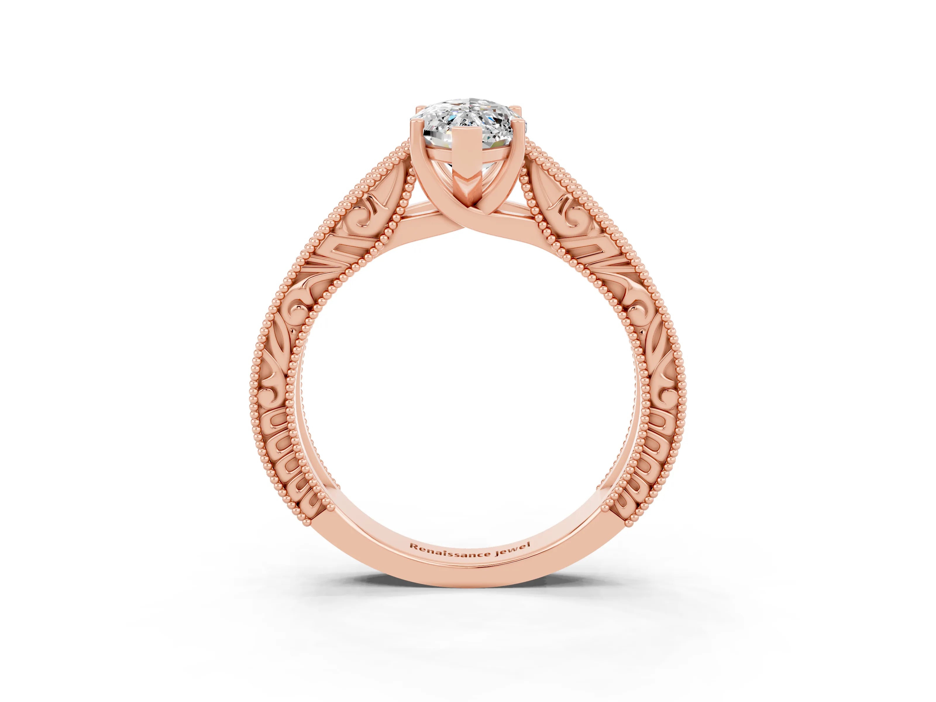 Rose gold Marquise Cut Moissanite Solitaire Ring with Engraved Band and Four-Prong Setting_3