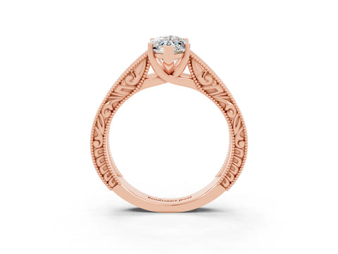 Rose gold Marquise Cut Moissanite Solitaire Ring with Engraved Band and Four-Prong Setting_3