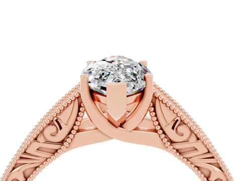 Rose gold Marquise Cut Moissanite Solitaire Ring with Engraved Band and Four-Prong Setting_4